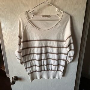 LOFT Cream Scoop Neck Sweater with Tan Stripes